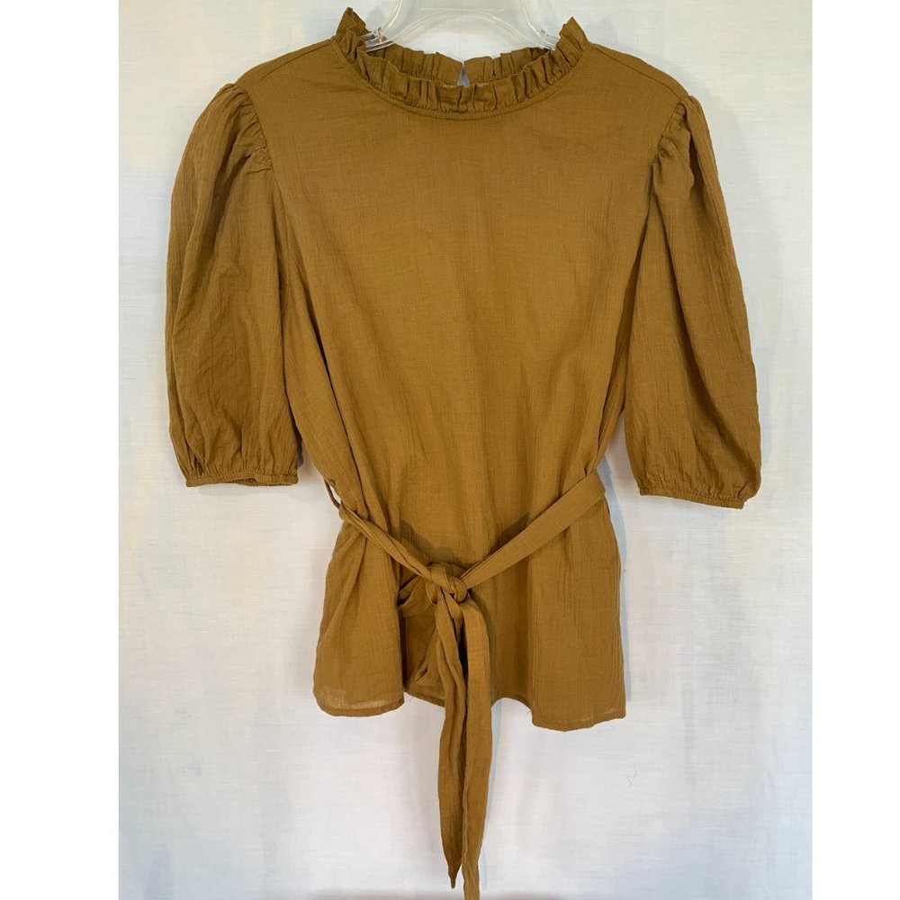 Muted Yellow Listiele Ruffle Collar & Poof Sleeve Blouse Top - Medium